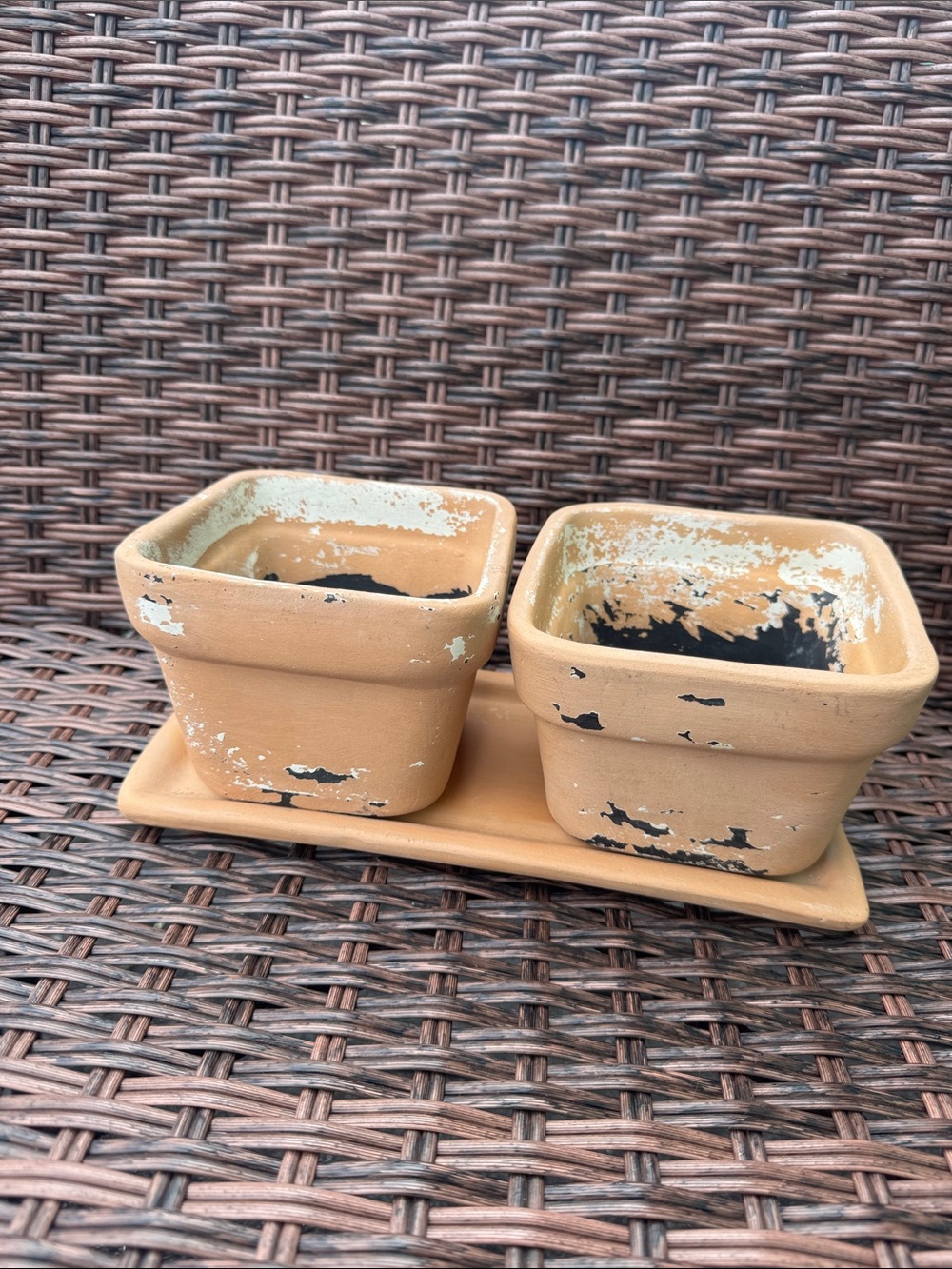 Distressed Terracotta Twin Planters with Tray -3 Piece Set